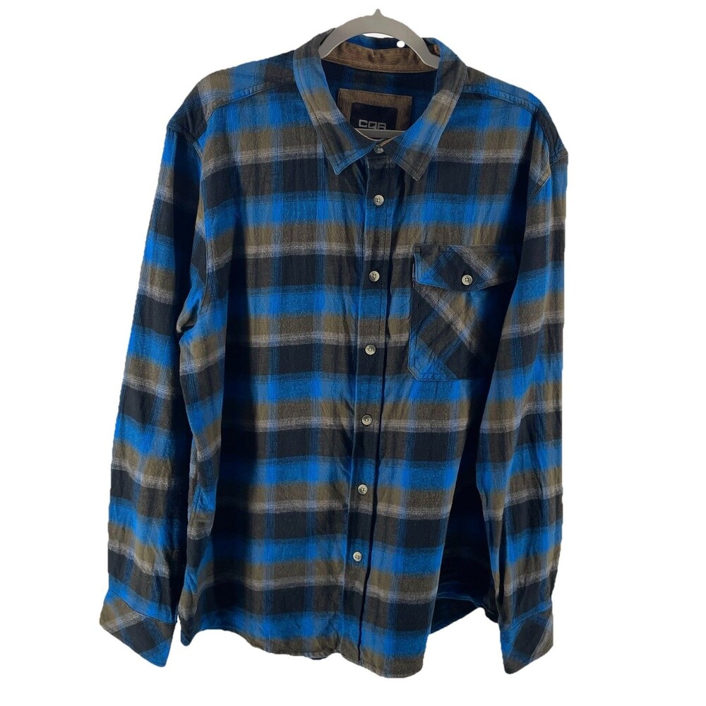CQR Men’s Classic Soft Flannel Shirt XL Corduroy Collar Blue Brown Black Plaid
